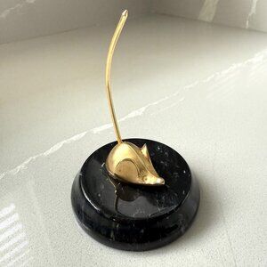 Vintage Small Brass Mouse On Marble Base Figurine Ring Holder  Receipt Holder